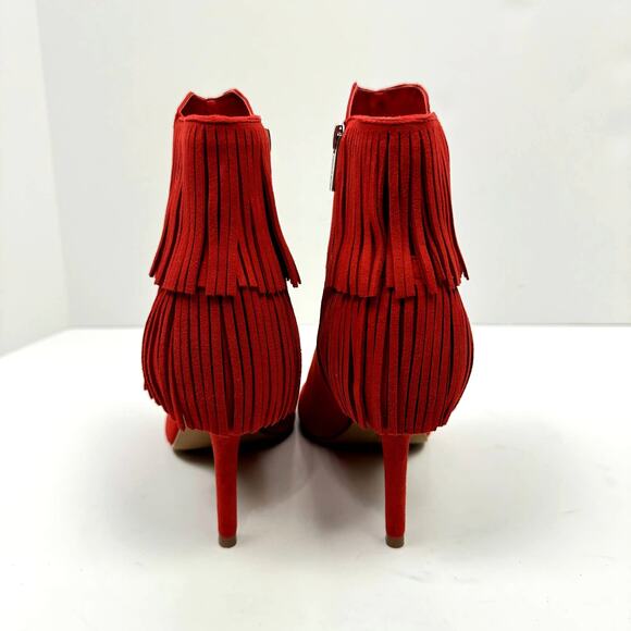 NEW Vince Camuto Amenala Bright Red Faux Suede Western Fringe Peep Toe Bootie - Picture 6 of 14